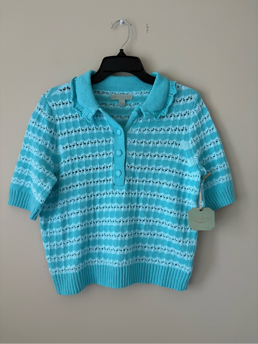 RyeGrass Light Aqua Open-Knit V-Neck Polo Sweater Sz. S New
